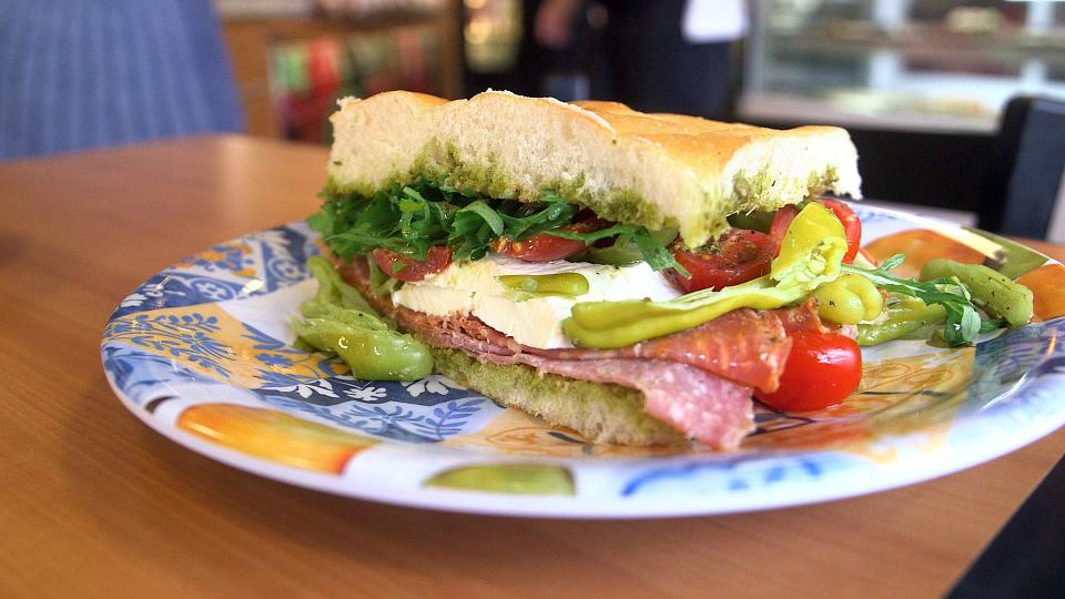 The Stallone sandwich at Mambo Italiano in Colts Neck is made with hot and sweet soppressata, burrata, tomatoes, pepperoncini and basil pesto spread.