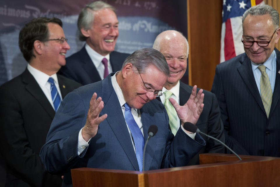 From left, Sens. Gary Peters (D-Mich.), Ed Markey (D-Mass.), Bob Menendez (D-N.J.), Ben Cardin (D-Md.) and Charles Schumer (D-N.Y.) conduct a news conference on April 20, 2016, in the Capitol to discuss the federal government's role in strengthening drinking water infrastructure. They are reacting to Schumer's decision to not make remarks.