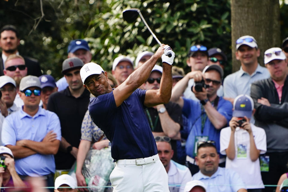 Tiger Woods tees off on the seventh hole during a practice round for the Masters golf tournament on Monday, April 4, 2022, in Augusta, Ga. (AP Photo/Matt Slocum)