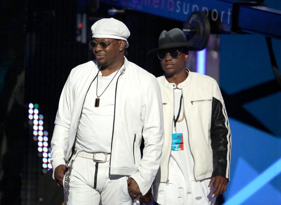 Bobby Brown, left, and his son Bobby Brown Jr. appear at the BET Awards in Los Angeles on June 26, 2016. An autopsy report says that Brown Jr. died from the combined effects of alcohol, cocaine and the opioid fentanyl. The 28-year-old was found dead in his Los Angeles home in November 2020.