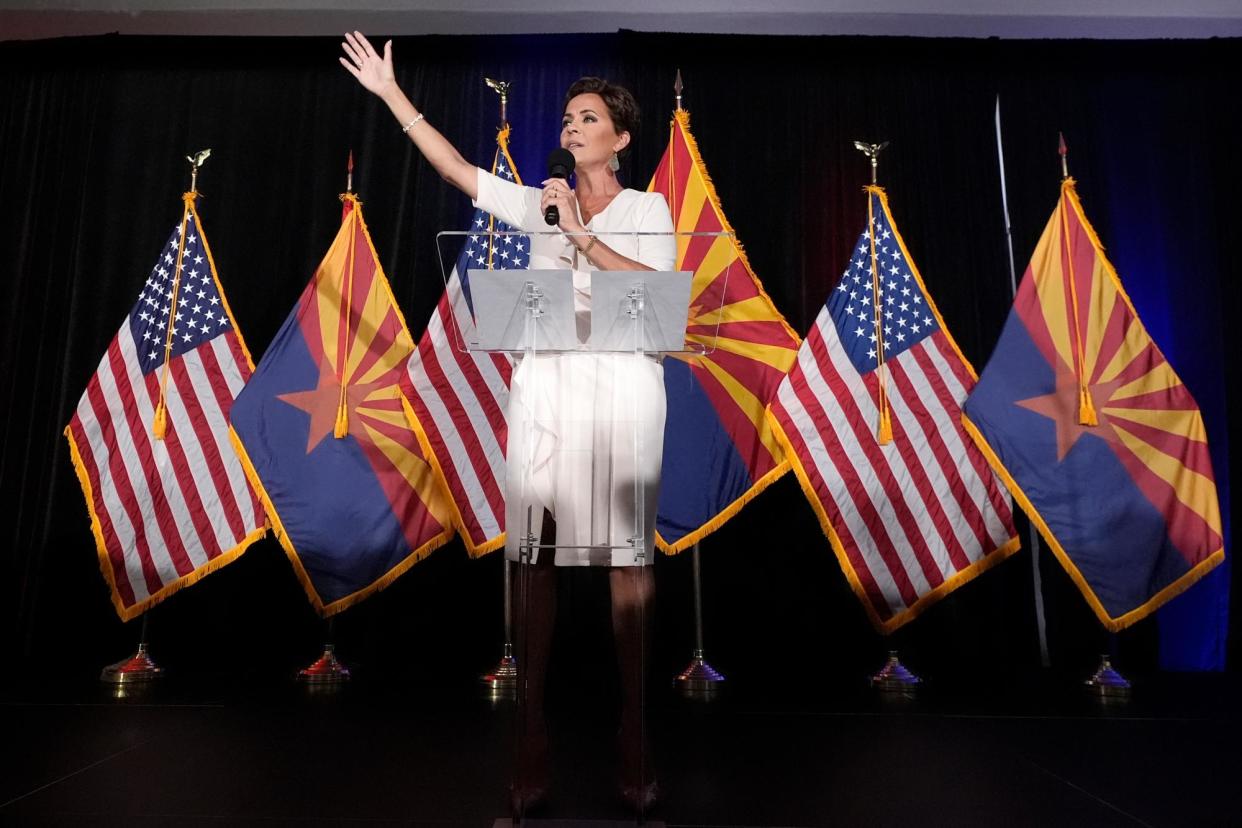 <span>Kari Lake celebrates her victory on election night.</span><span>Photograph: Ross D Franklin/AP</span>