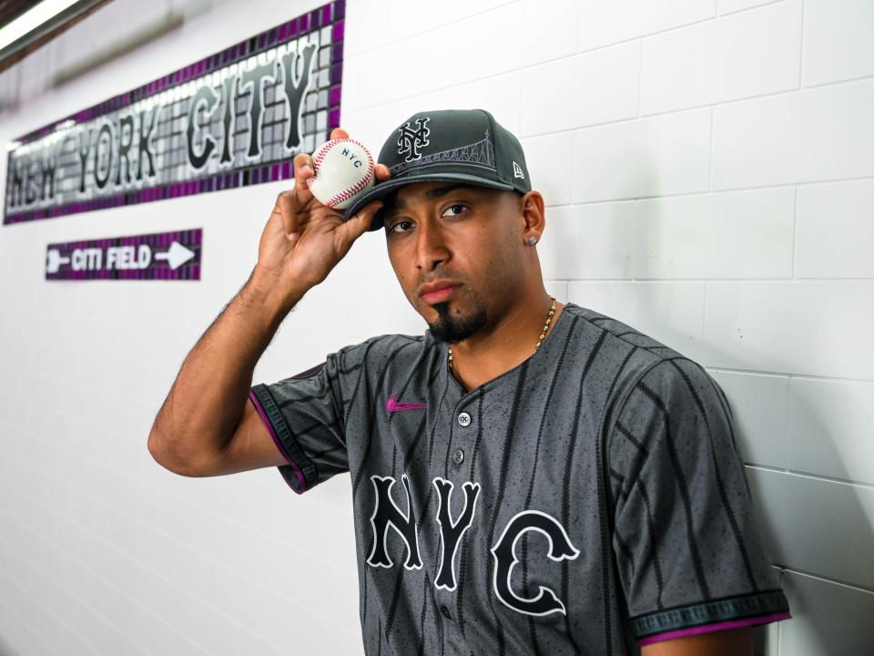 Edwin Diaz showcases the New York Mets' City Connect uniforms which will be worn during the team's remaining 10 Saturday home games at Citi Field.