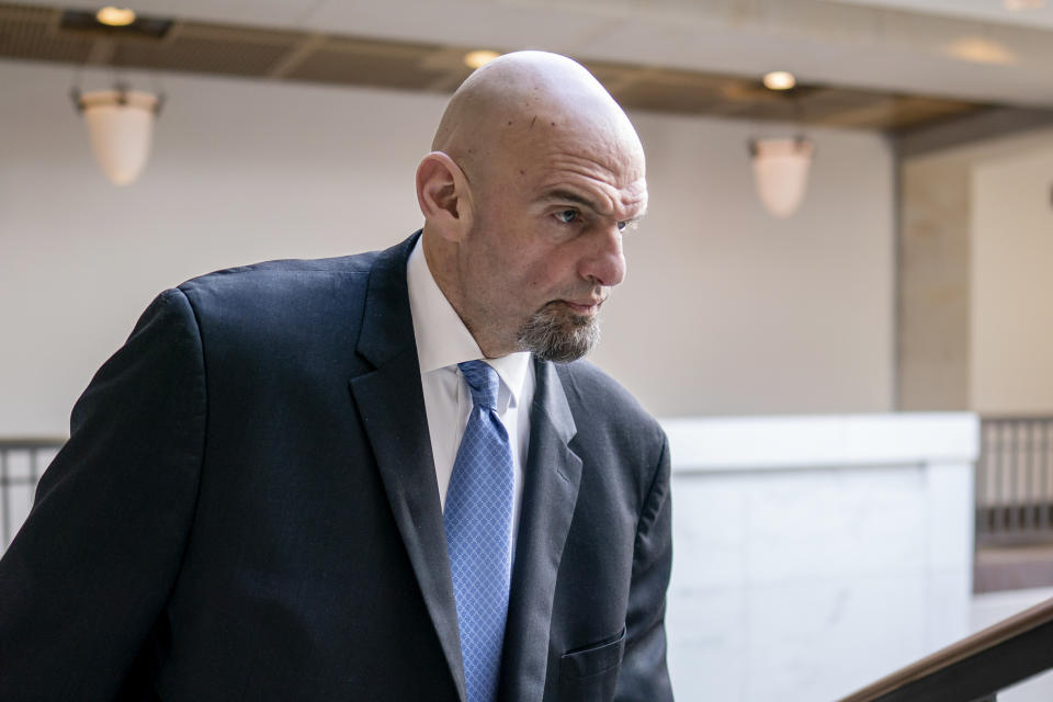 FILE - Sen. John Fetterman, D-Pa., leaves an intelligence briefing on the unknown aerial objects the U.S. military shot down this weekend at the Capitol in Washington, Feb. 14, 2023. Fetterman's office expects him to return soon to the chamber, although Democratic leaders are giving no timeline five weeks after he sought inpatient treatment for clinical depression. (AP Photo/J. Scott Applewhite, File)