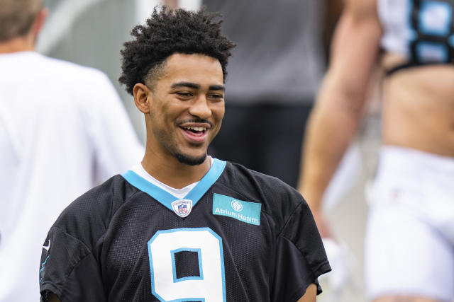 Carolina Panthers quarterback Bryce Young (9) walks off the field after an  NFL preseason football game against the New York Jets, Saturday, Aug. 12,  2023, in Charlotte, N.C. (AP Photo/Jacob Kupferman Stock