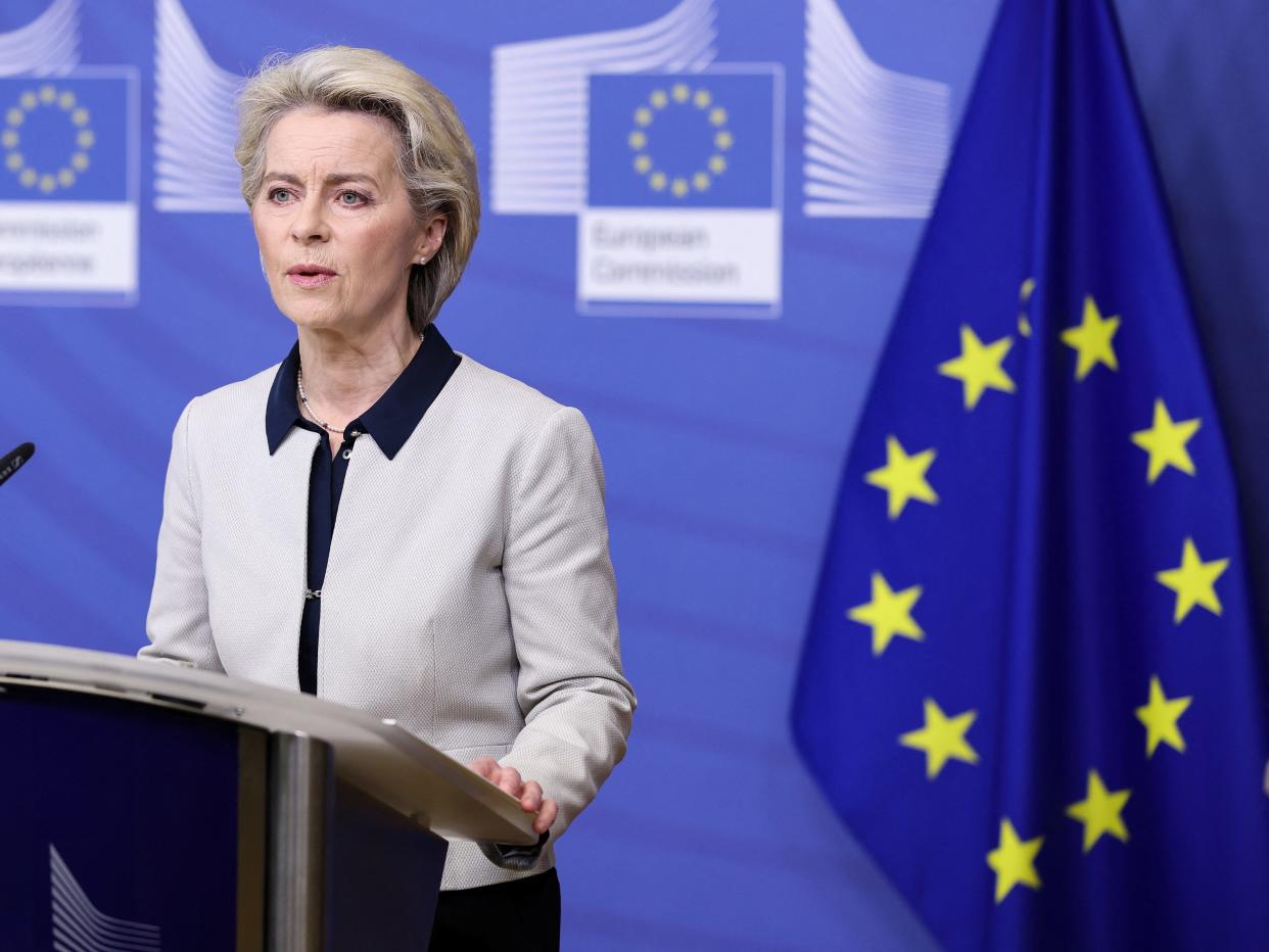 EC President von der Leyen speaks after Russia's attack on Ukraine in Brussels