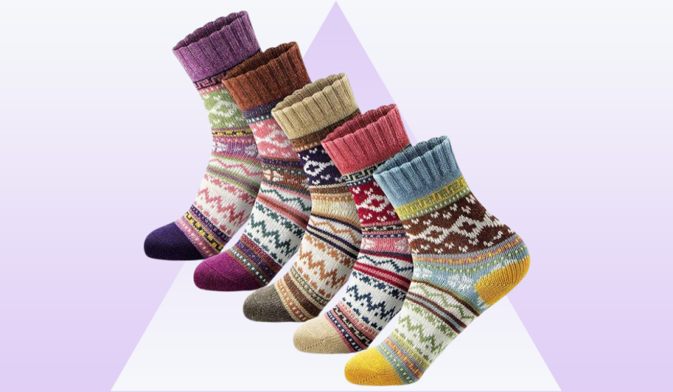 five pairs of woolen socks in different patterns