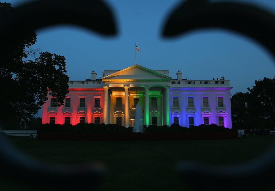 Rainbow-colored lights shine on the White House after the Supreme Court ruled in favor of same-sex marriage in June 2015. <a href="https://media.gettyimages.com/photos/rainbowcolored-lights-shine-on-the-white-house-to-celebrate-todays-us-picture-id478678270?s=2048x2048" rel="nofollow noopener" target="_blank" data-ylk="slk:Mark Wilson/Getty Images;elm:context_link;itc:0;sec:content-canvas" class="link ">Mark Wilson/Getty Images</a>