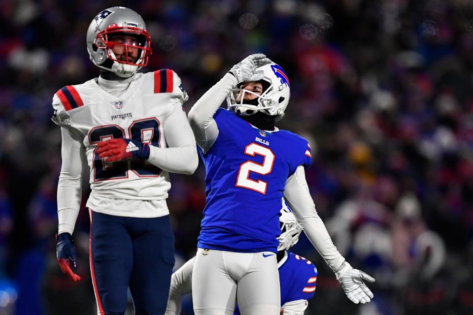 Buffalo Bills kicker Tyler Bass (2) watches his extra point kick during the first half of an NFL wild-card playoff football game against the New England Patriots, Saturday, Jan. 15, 2022, in Orchard Park, N.Y. (AP Photo/Adrian Kraus)