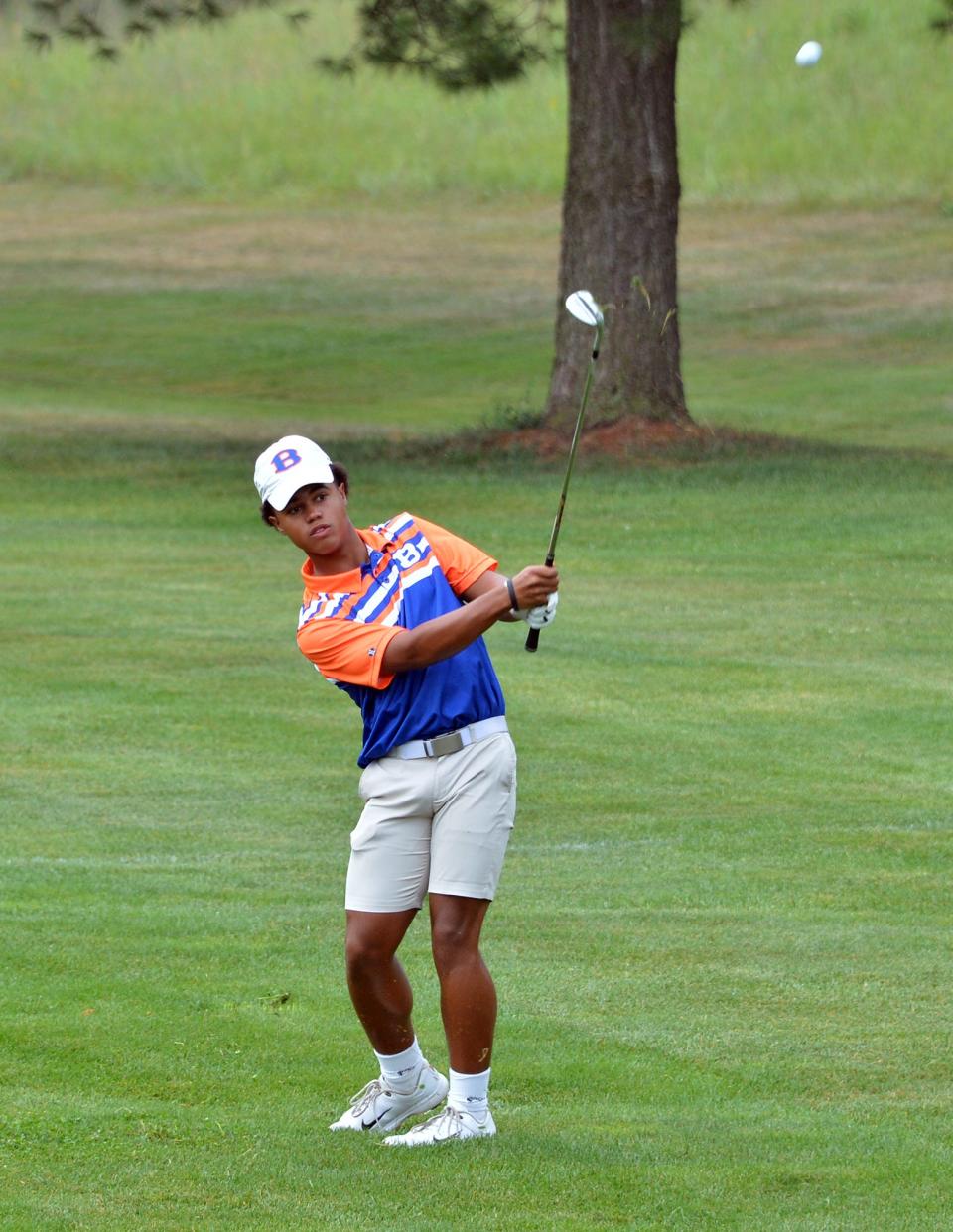 Boonsboro's Kadan Jones hits an approach shot from the first fairway during the Washington County Public Schools golf tournament at Black Rock.
