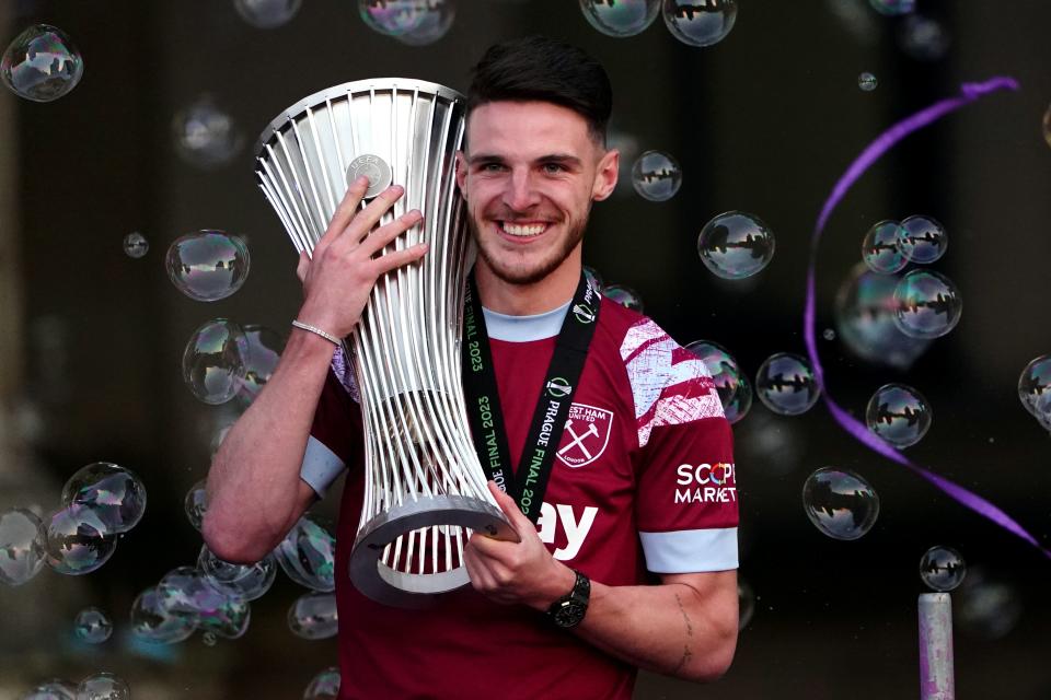 West Ham captain Declan Rice celebrates his side’s Europa Conference League win (Zac Goodwin/PA) (PA Wire)