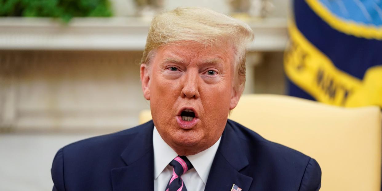 U.S. President Donald Trump speaks during a meeting with U.S. Representative Jeff Van Drew, a Democratic lawmaker who opposed his party's move to impeach Trump, after Van Drew announced he was becoming a Republican, in the Oval Office of the White House in Washington, U.S., December 19, 2019. REUTERS/Joshua Roberts