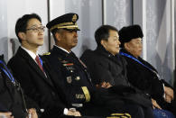 <p>U.S. Gen. Vincent K. Brooks, second from left, commander of the United Nations Command, Combined Forces Command and United States Forces Korea, watches the closing ceremony of the 2018 Winter Olympics in Pyeongchang, South Korea, Sunday, Feb. 25, 2018. Seated at far right is Kim Yong Chol, vice chairman of North Korea’s ruling Workers’ Party Central Committee. (AP Photo/Patrick Semansky, Pool) </p>