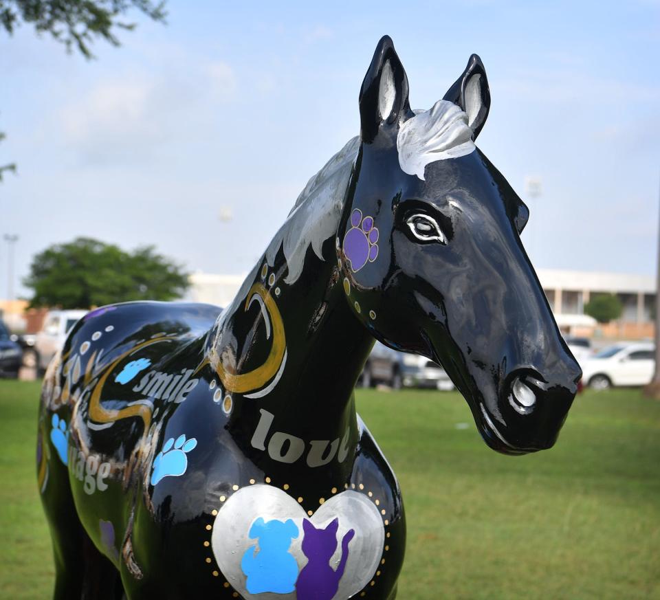 This is the new memorial horse painted in memory of Lauren Landavazo, a McNiel Middle School student killed on her way home in September 2016. The original horse was stolen in October 2020.