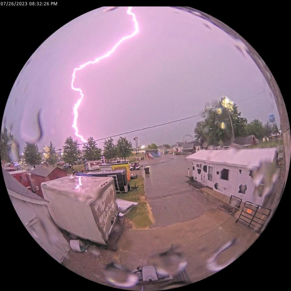 Creek Enterprise's camera systems at the Lenawee County Fair & Event Grounds in Adrian captured this lightning strike during severe storms that moved through areas of Michigan Wednesday. The timestamp on the security system's photo, in the upper left-hand corner of the image, shows 8:32 p.m.