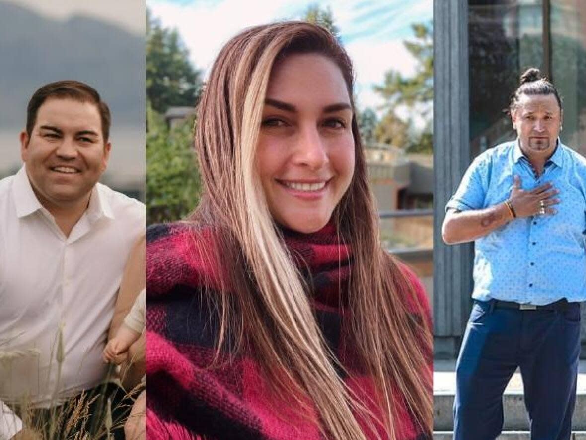 There are three Indigenous candidates running for city council in the Oct. 15 municipal elections. From left: Garrett Millsap, who is Metis, in West Kelowna; Cinnamon Bhayani, who is Metis, in Vancouver; and Wesley Mitchell, who is Wet’suwet’en, in Prince George. (Submitted by Garrett Millsap (left), Cinnamon Bhayani (centre) Wesley Mitchell (right) - image credit)