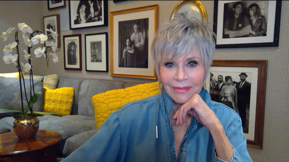  Pictured in this screen grab: Jane Fonda relaxing at home in front of a wall of photos. -- (Photo by: Bravo/NBCU Photo Bank via Getty Images)