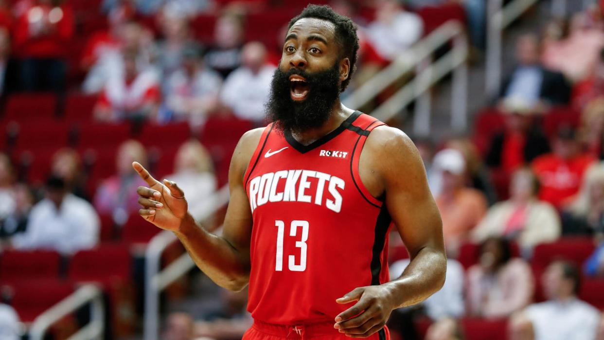 HOUSTON, TEXAS - MARCH 10: James Harden #13 of the Houston Rockets reacts in the fourth quarter against the Minnesota Timberwolves at Toyota Center on March 10, 2020 in Houston, Texas.