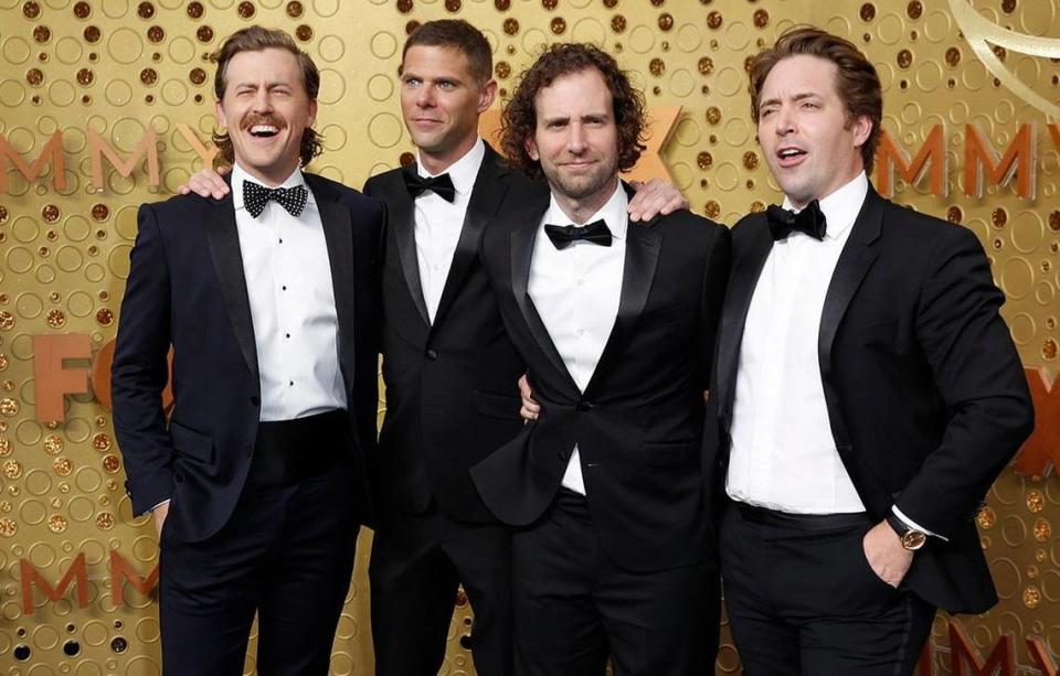 From left, “Saturday Night Live” cast members Alex Moffat, Mikey Day, Kyle Mooney and Beck Bennett arrive for the Emmy Awards in 2019. Bennett will not be returning to “SNL.”