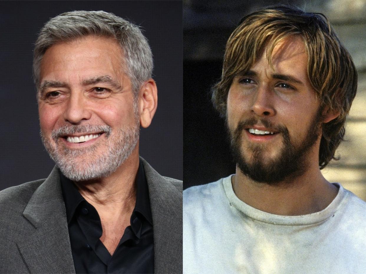 George Clooney in 2019, and Ryan Gosling in ‘The Notebook' (Frederick M Brown/Getty Images/New Line Cinema)