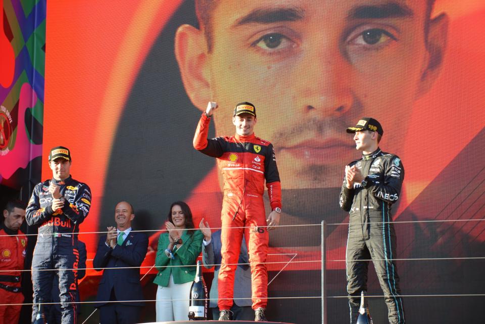 Charles Leclerc, Sergio Perez, and George Russell