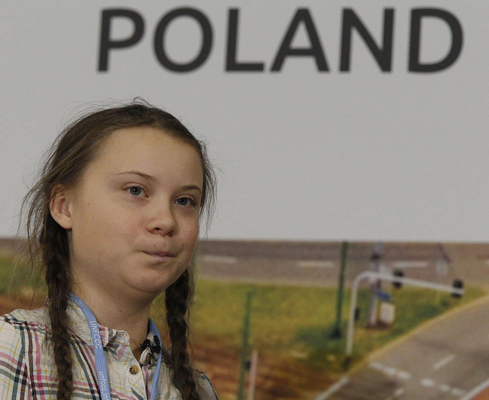 Swedish young activist, 15-year-old Greta Thunberg, who has inspired students around the world to campaign against global warming attends a U.N. climate conference in Katowice , Poland, Tuesday, Dec. 4, 2018. (AP Photo/Czarek Sokolowski)