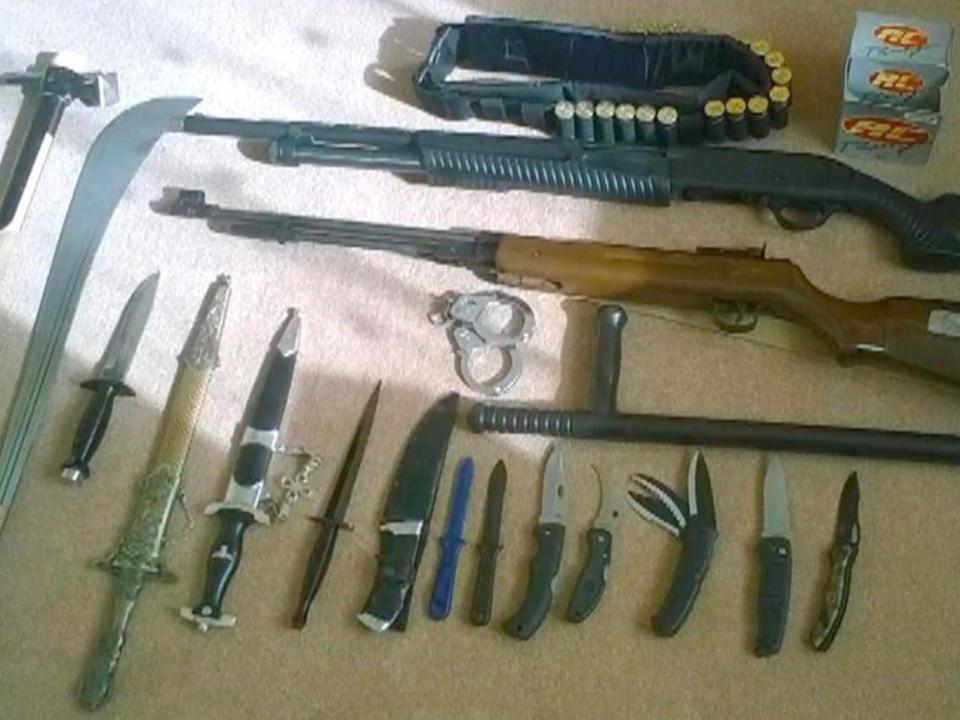 A stockpile of weapons discovered at Mikko Vehvilainen's home at Sennybridge Camp, Brecon, Powys, in September 2017 (West Midlands Police)