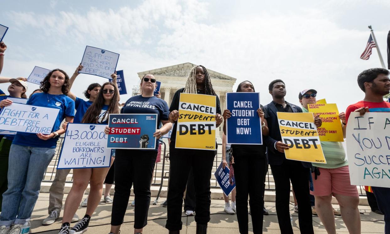 <span>Students protest the supreme court’s ruling against Biden's student-debt relief program.</span><span>Photograph: Allison Bailey/NurPhoto/Shutterstock</span>