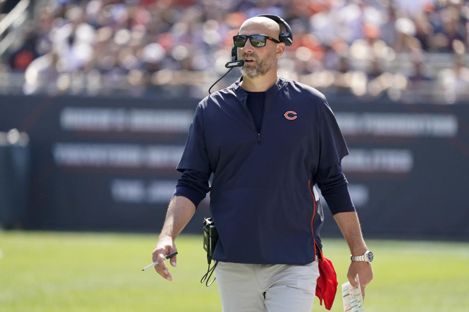 Chicago Bears' head coach Matt Nagy walks the sidelines during the first half of an NFL football gamea gainst the Cincinnati Bengals Sunday, Sept. 19, 2021, in Chicago. (AP Photo/Nam Y. Huh)