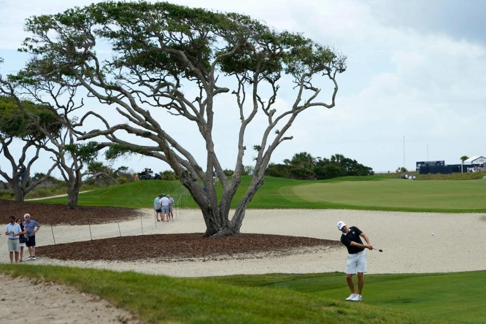 Jordan Spieth hits up to the sixth hole during a practice round at the PGA Championship golf tournament on the Ocean Course Wednesday, May 19, 2021, in Kiawah Island, S.C. (AP Photo/Matt York) Matt York/AP