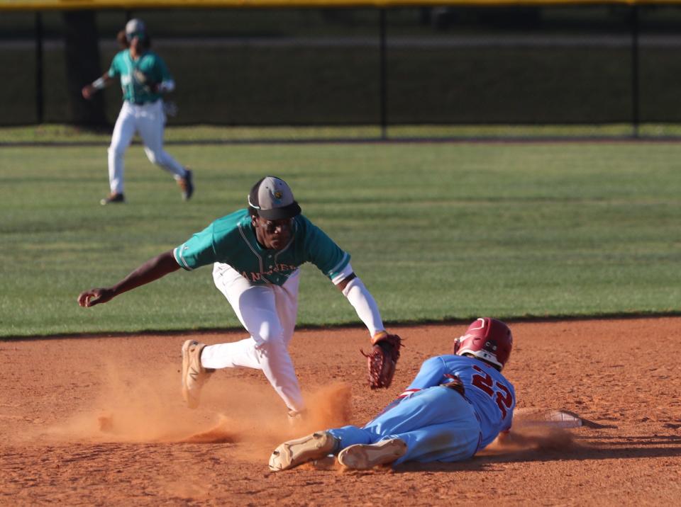 Pine Ridge High's Derrick Walker #5 tags Seabreeze High's Jacob MvKinnon#22 at second, Thrusday May 4, 2023 during District 5-5A championship game at the Ormond Beach Sports Complex.