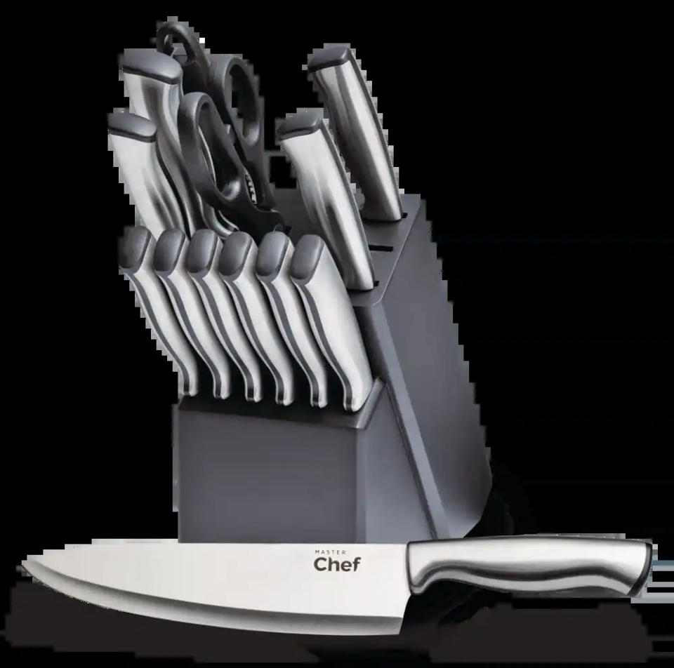 MASTER Chef Stamp Stainless Steel Knife Block Set. Image via Canadian Tire.