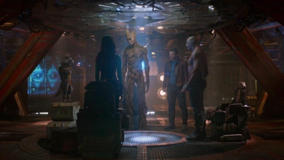 The Guardians of the Galaxy stand in a circle after agreeing to stand together against Ronan