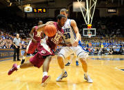 DURHAM, NC - JANUARY 21: Jeff Peterson #12 of the Florida State Seminoles drives the baseline as Seth Curry #30 of the Duke Blue Devils defends during play at Cameron Indoor Stadium on January 21, 2012 in Durham, North Carolina. Florida State won 76-73 to end Duke's 44-game home winning streak. (Photo by Grant Halverson/Getty Images)