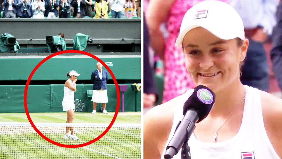 Ash Barty (pictured right) smiling during her post-match interview and (pictured right) becoming emotional on Centre Court at Wimbledon.