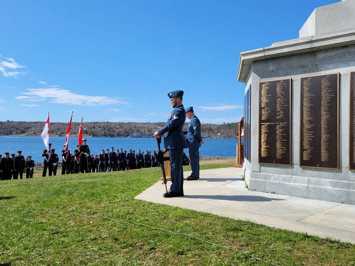 Uniformed members of the navy, air force, army and cadets attended a ceremony to remember the Battle of the Atlantic.  (CBC - image credit)