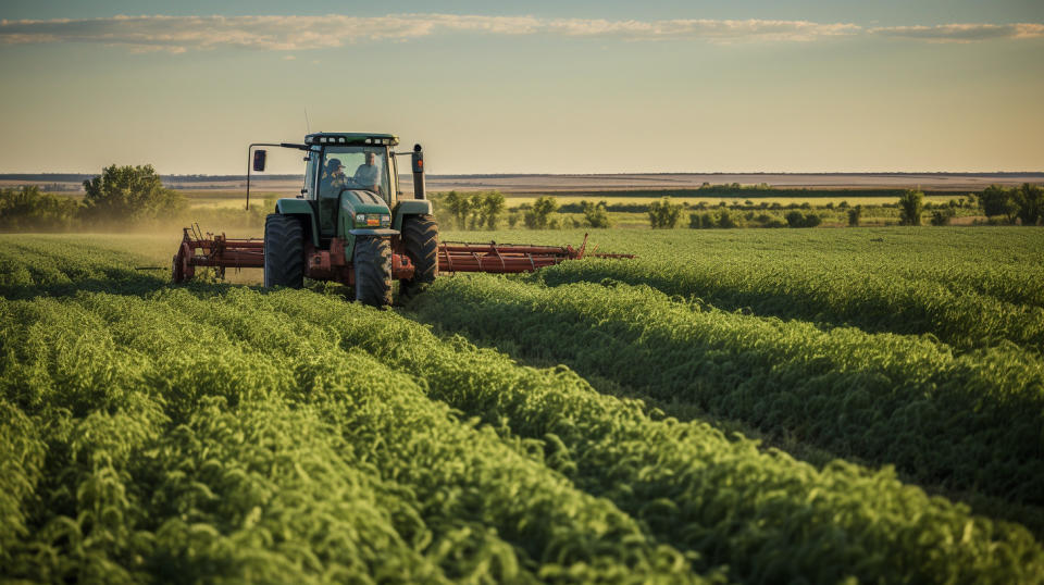 A lush field of alfalfa and sorghum with a tractor harvesting the crop in the distance.