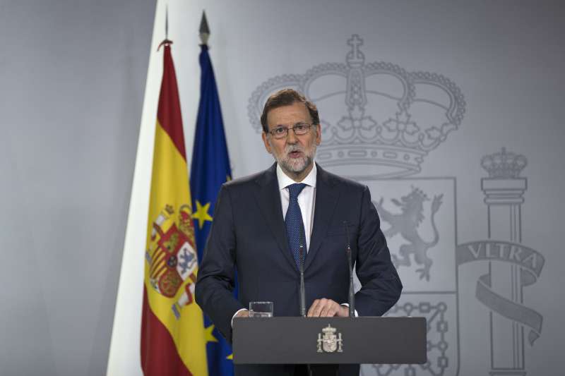 西班牙總理拉霍伊批評，加泰隆尼亞政府由恐怖份子掌控。（美聯社）