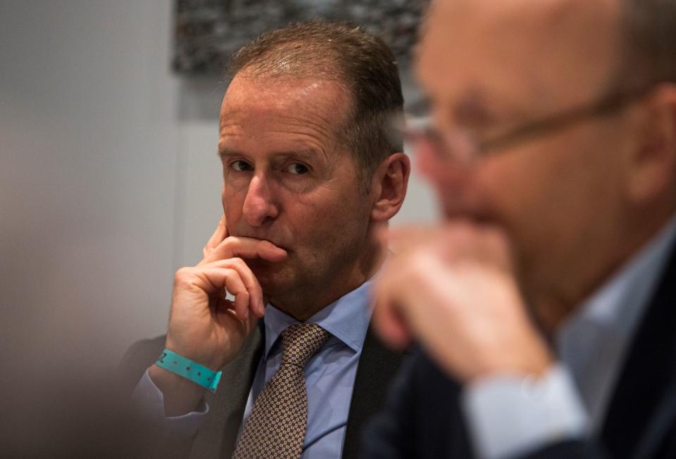 Volkswagen Group CEO Herbert Diess answers questions during a private roundtable at the 2019 North American International Auto Show held at Cobo Center in downtown Detroit on Monday, Jan. 14, 2019.