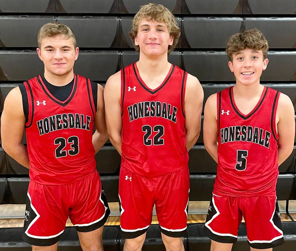 Meet the tri-captains for the 2023-24 Honesdale boys varsity basketball team. Pictured are (from left): Joey Taraschuk, Peter Modrovsky, Jack Eisele.