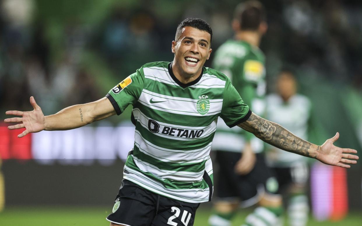 Sporting player Pedro Porro celebrates after scoring the 1-0 opening goal against Pacos de Ferreira during the Portuguese First League soccer match in Lisbon, Portugal - Tottenham Hotspur edge closer to Pedro Porro move - Miguel A Lopes/Shutterstock