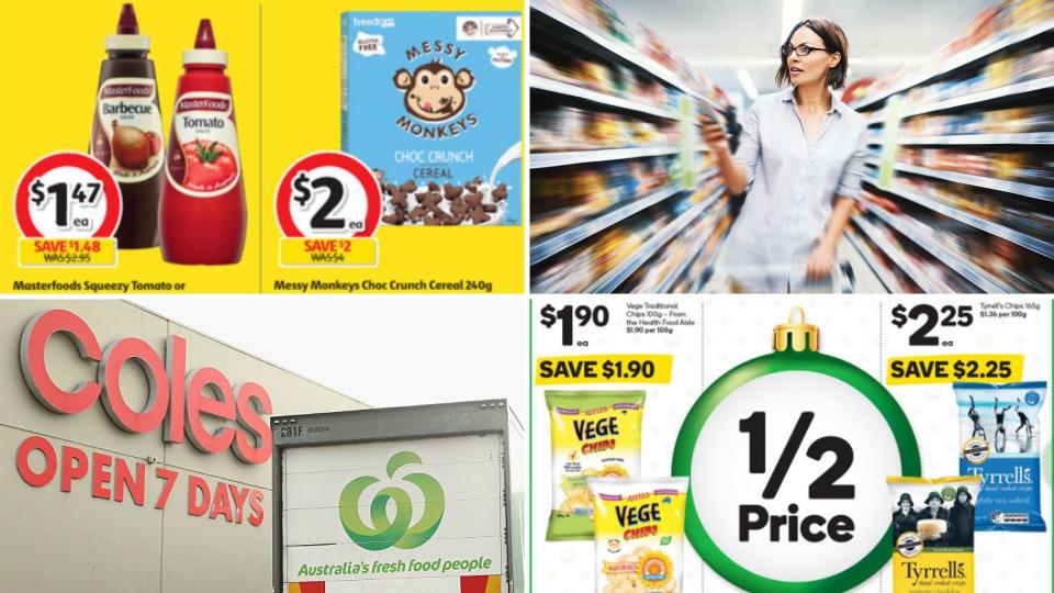 Coles and Woolworths signs and a woman pushing a trolley, plus screenshots of half-price items.