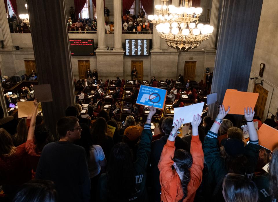 Protesters gather inside the Tennessee Capitol on March 30, 2023, in Nashville to call for an end to gun violence and support stronger gun laws.