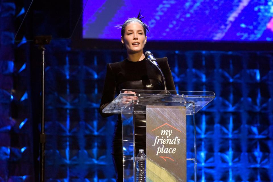 Honoree Halsey speaks onstage at Ending Youth Homelessness: A Benefit for My Friend's Place at Hollywood Palladium on April 06, 2019 in Los Angeles, California.