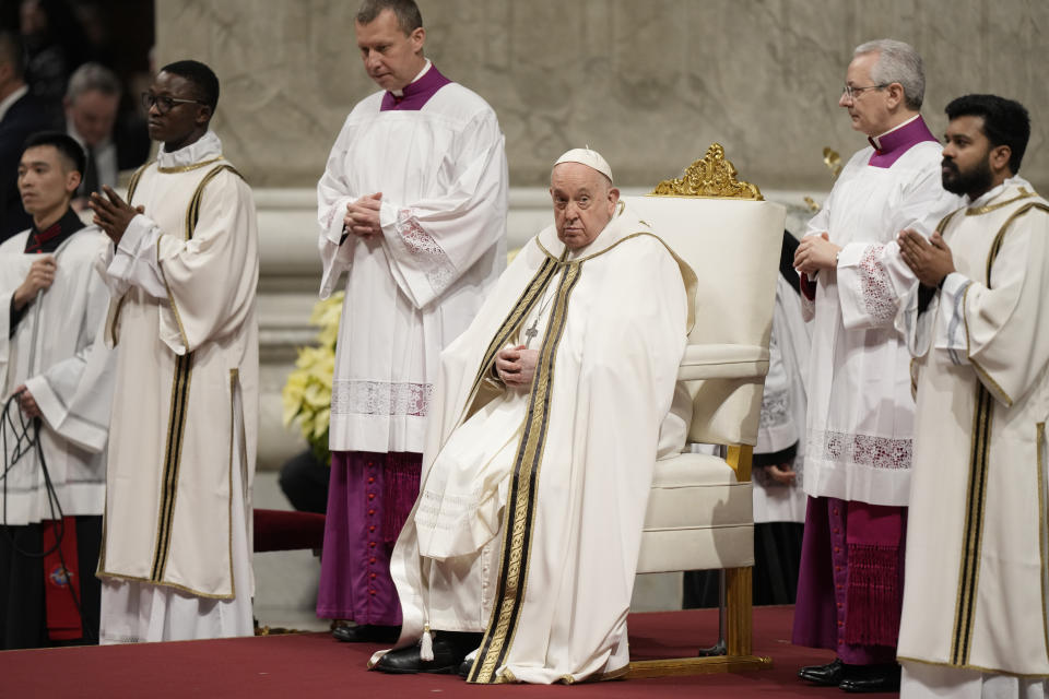 Pope Francis presides over an Epiphany mass in St. Peter's Basilica, at the Vatican, Saturday, Jan. 6, 2024. (AP Photo/Andrew Medichini)