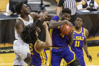 Missouri's Kobe Brown, from left, LSU's Trendon Watford, Darius Days, and Josh LeBlanc Sr. battle for a rebound during the second half of an NCAA college basketball game Saturday, March 6, 2021, in Columbia, Mo. (AP Photo/L.G. Patterson)