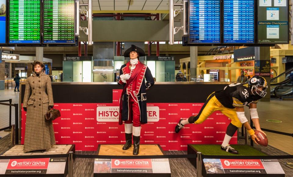 The Franco Harris statue at Pittsburgh International Airport has been moved, along with fellow lifelike statues of Nellie Bly and George Washington.