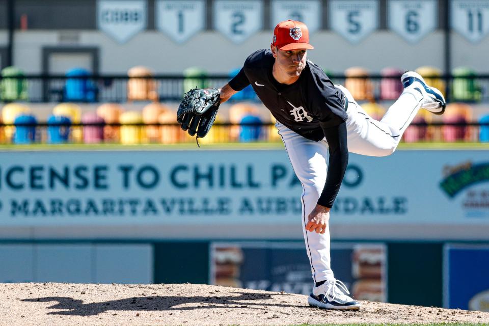 Detroit Tigers pitcher Joey Wentz throws during spring training at Joker Marchant Stadium in Lakeland, Florida, on Thursday, Feb. 22, 2024.