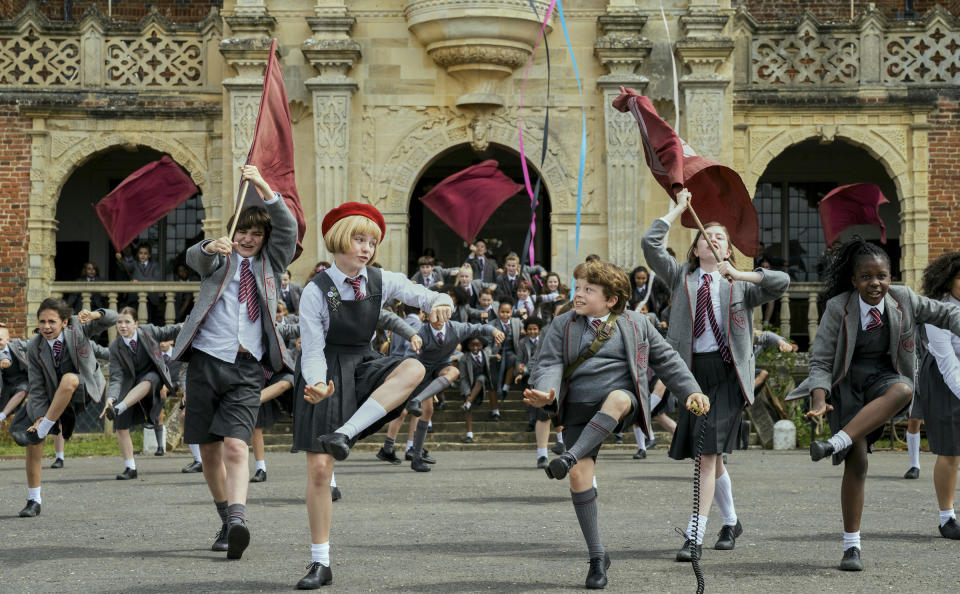 Meesha Garbett as Hortensia and Charlie Hodson-Prior as Bruce Bogtrotter in 'Roald Dahl's Matilda the Musical.'<span class="copyright">Dan Smith—Netflix</span>