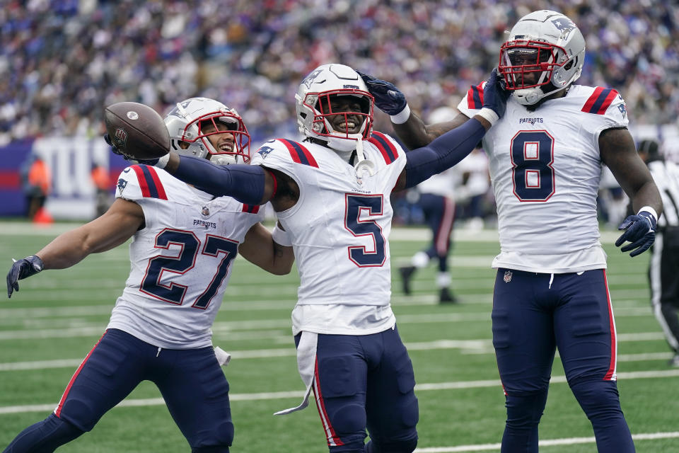 New England Patriots safety Jabrill Peppers (5) reacts after recovering a fumble by the New York Giants during the first quarter of an NFL football game, Sunday, Nov. 26, 2023, in East Rutherford, N.J. (AP Photo/Seth Wenig)