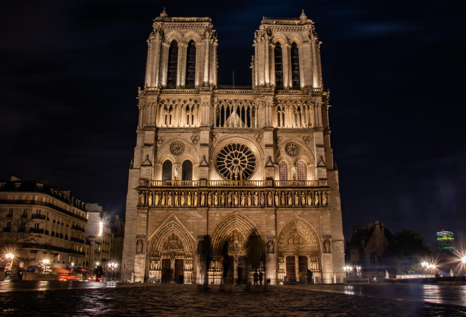Long exposure night shot of Notre Dame in Paris, France.